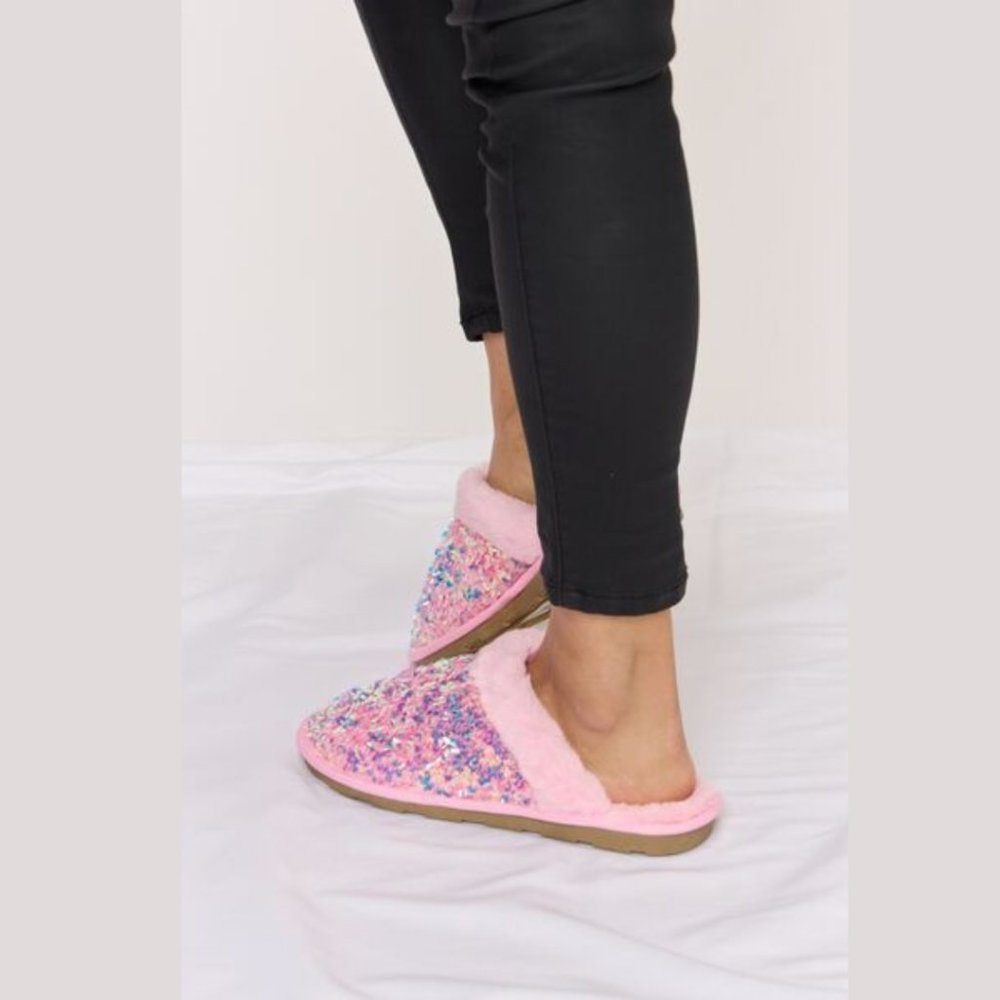 New Pink Sequin Plush Round Toe Slippers - Picture 6 of 7
